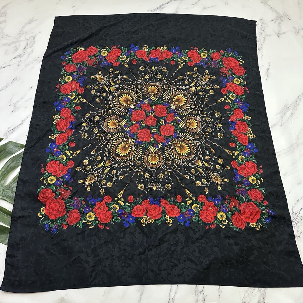 Womens Vintage 90s Scarf Large Black Red Floral Jacquard Square Boho Whimsygoth